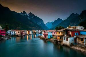 foto papel de parede a céu, montanhas, rio, casas, a Vila, a montanhas, a rio. gerado por IA