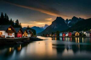 foto papel de parede a céu, montanhas, água, casas, a mar, a montanhas, a lago. gerado por IA