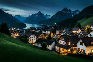 uma Cidade dentro a montanhas às noite. gerado por IA foto