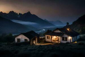 foto papel de parede a céu, montanhas, casa, a noite, a montanhas, a casa, o. gerado por IA