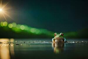 uma rã sentado em a água às noite. gerado por IA foto