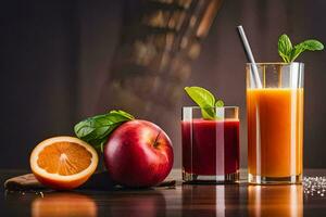 dois óculos do suco com a maçã e laranja. gerado por IA foto