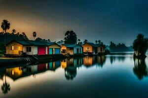 uma linha do colorida casas em a água às crepúsculo. gerado por IA foto