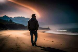 uma homem é caminhando em a de praia às pôr do sol. gerado por IA foto