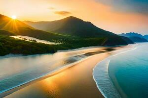 a Sol conjuntos sobre uma de praia e montanhas. gerado por IA foto