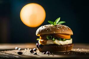 uma Hamburger com queijo e legumes em uma de madeira mesa. gerado por IA foto