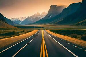 uma grandes estrada com montanhas dentro a fundo. gerado por IA foto