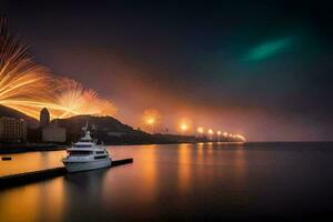 fogos de artifício explodir sobre a água e uma barco. gerado por IA foto