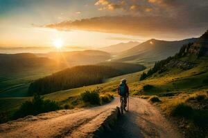 uma pessoa equitação uma bicicleta em uma sujeira estrada às pôr do sol. gerado por IA foto