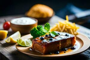 uma prato com uma peça do carne e fritas. gerado por IA foto