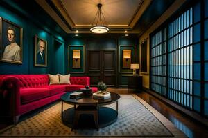 uma vivo quarto com uma vermelho sofá e azul paredes. gerado por IA foto