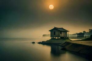 uma casa em a costa do uma lago às nascer do sol. gerado por IA foto