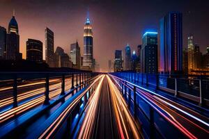 uma cidade Horizonte às noite com luzes em a estrada. gerado por IA foto