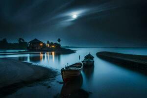 dois barcos sentar em a costa às noite. gerado por IA foto