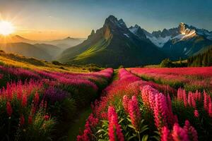 a Sol sobe sobre a montanhas e flores dentro a primeiro plano. gerado por IA foto