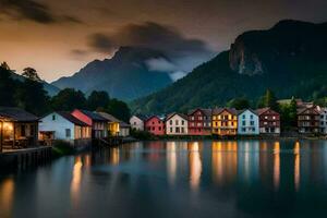 foto papel de parede a céu, montanhas, lago, casas, a noite, a montanhas, a lago. gerado por IA