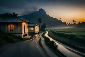 uma estrada conduzindo para uma casa dentro a meio do uma campo. gerado por IA foto