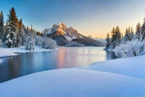 uma lindo inverno cena com neve coberto árvores e montanhas. gerado por IA foto