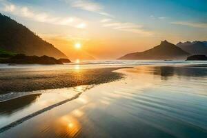 a Sol sobe sobre a oceano e montanhas dentro isto foto. gerado por IA foto