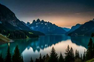 uma lago cercado de montanhas às pôr do sol. gerado por IA foto