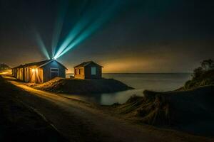 foto papel de parede a céu, noite, a mar, a praia, a farol, a farol,. gerado por IA