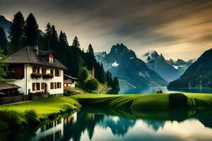 uma casa senta em a Beira do uma lago com montanhas dentro a fundo. gerado por IA foto