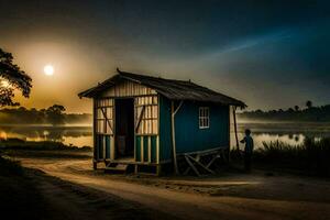 uma pequeno cabana senta em a lado do uma rio às pôr do sol. gerado por IA foto