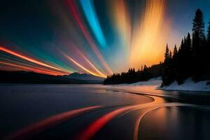 a aurora boreal sobre uma lago. gerado por IA foto