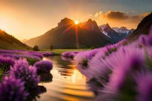 a Sol sobe sobre a montanhas e roxa flores dentro a primeiro plano. gerado por IA foto