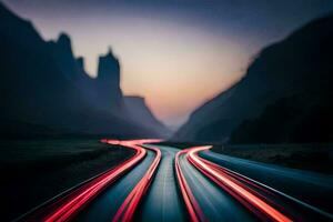 uma grandes exposição fotografia do uma estrada com luz trilhas. gerado por IA foto