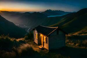 a cabana às nascer do sol dentro a montanhas. gerado por IA foto