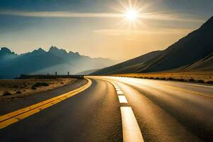 a Sol brilha sobre uma estrada dentro a montanhas. gerado por IA foto