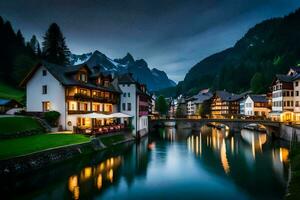 a Cidade do Altenburg dentro a Alpes às noite. gerado por IA foto