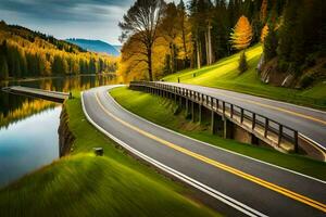 uma grandes exposição foto do uma estrada e lago. gerado por IA