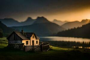 uma pequeno casa senta em uma Colina negligenciar uma lago e montanhas. gerado por IA foto
