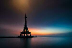 a eiffel torre é visto dentro a distância às pôr do sol. gerado por IA foto