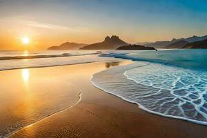 a Sol sobe sobre a oceano e ondas em uma de praia. gerado por IA foto