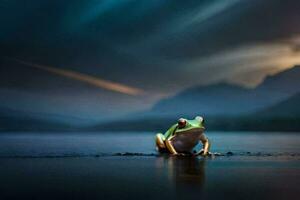 uma rã sentado em a Beira do uma lago dentro frente do uma Sombrio céu. gerado por IA foto