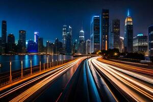 uma cidade Horizonte às noite com tráfego luzes. gerado por IA foto