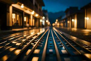 uma grandes exposição fotografia do uma trem rastrear às noite. gerado por IA foto