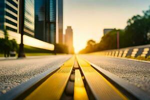 uma grandes amarelo rastrear dentro a meio do uma cidade. gerado por IA foto