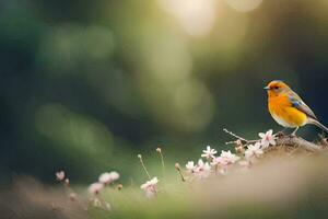 uma pequeno pássaro é sentado em uma ramo dentro frente do flores gerado por IA foto