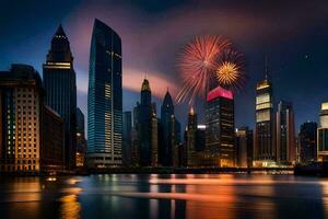 fogos de artifício sobre a cidade Horizonte às noite. gerado por IA foto