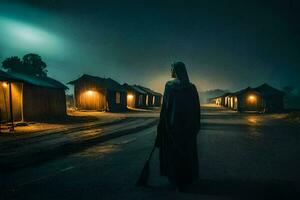 uma mulher anda em baixa uma estrada às noite com uma vassoura. gerado por IA foto