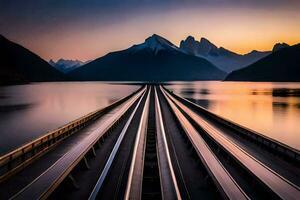 uma grandes exposição foto do uma trem indo sobre uma ponte. gerado por IA