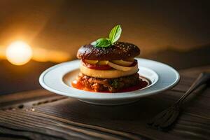 uma hamburguer em uma prato com uma garfo e faca. gerado por IA foto