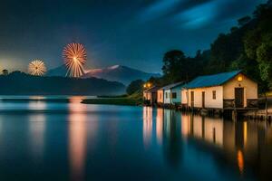 fogos de artifício estão aceso acima dentro a céu sobre uma lago. gerado por IA foto