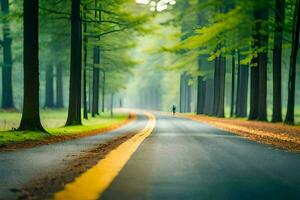 uma estrada dentro a meio do uma floresta com árvores gerado por IA foto