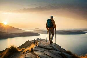uma homem com uma mochila e caminhada postes carrinhos em uma montanha topo negligenciar uma lago e montanhas. gerado por IA foto