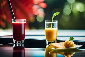 dois óculos do suco e uma peça do pão em uma mesa. gerado por IA foto